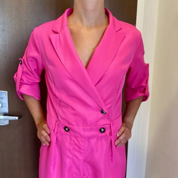 Barbie Pink Double Breasted Button Jumpsuit w/belt loops & hidden zipper - Picture 2 of 10